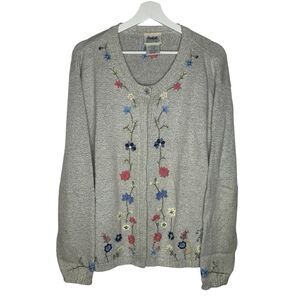Vintage Northern Reflections Gray Cardigan Sweater XL Floral Embroidery STAINS
